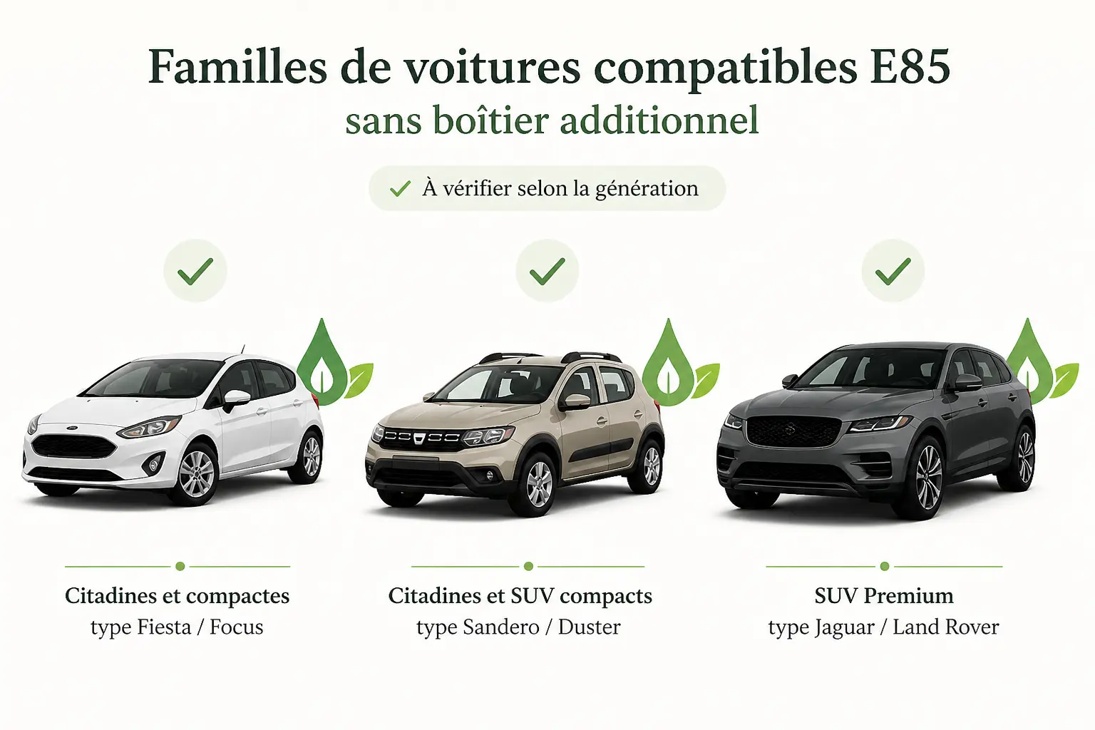 Liste voiture compatible e85 sans kit : trois modèles à vérifier par génération, Ford, Dacia, Jaguar/Land Rover