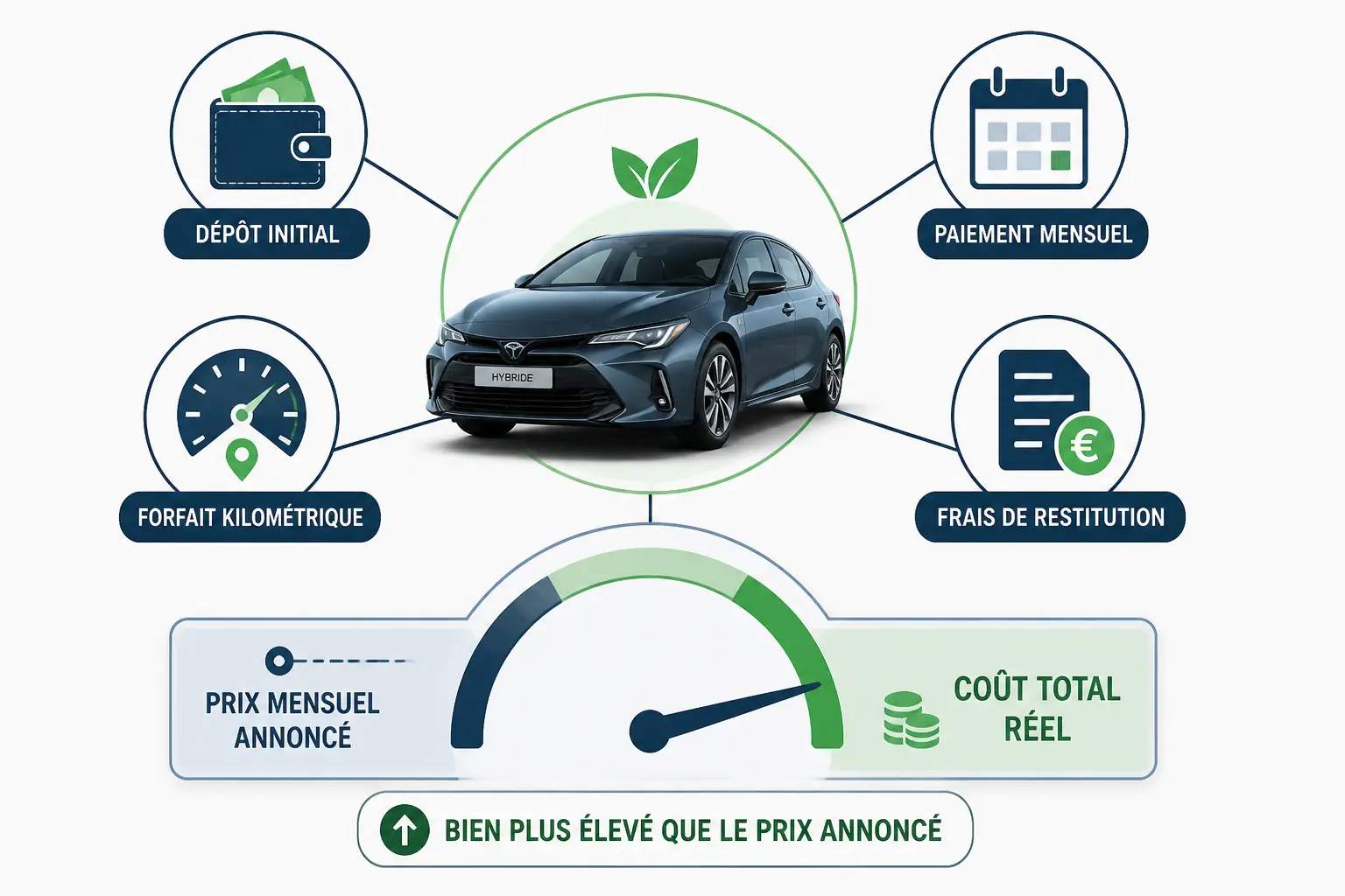 Infographie sur la loa hybride montrant dépôt, mensualité, kilométrage, frais de restitution et coût total