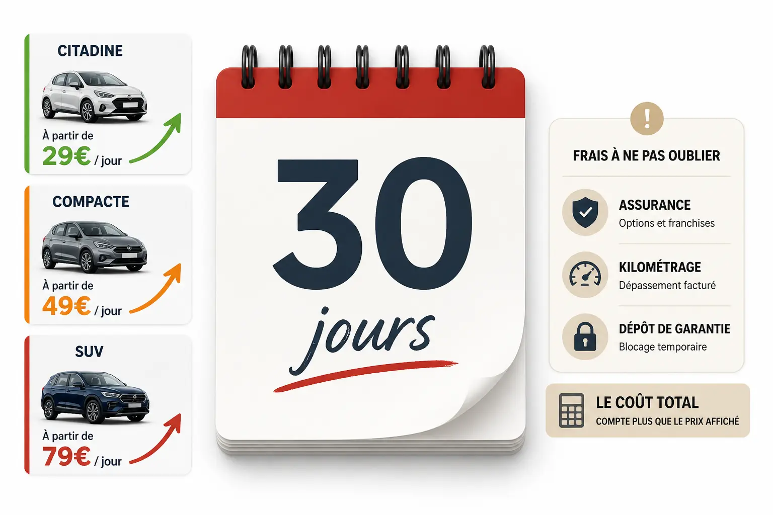 Location de voiture au mois : calendrier 30 jours, citadine, compacte et SUV avec coûts et frais cachés.