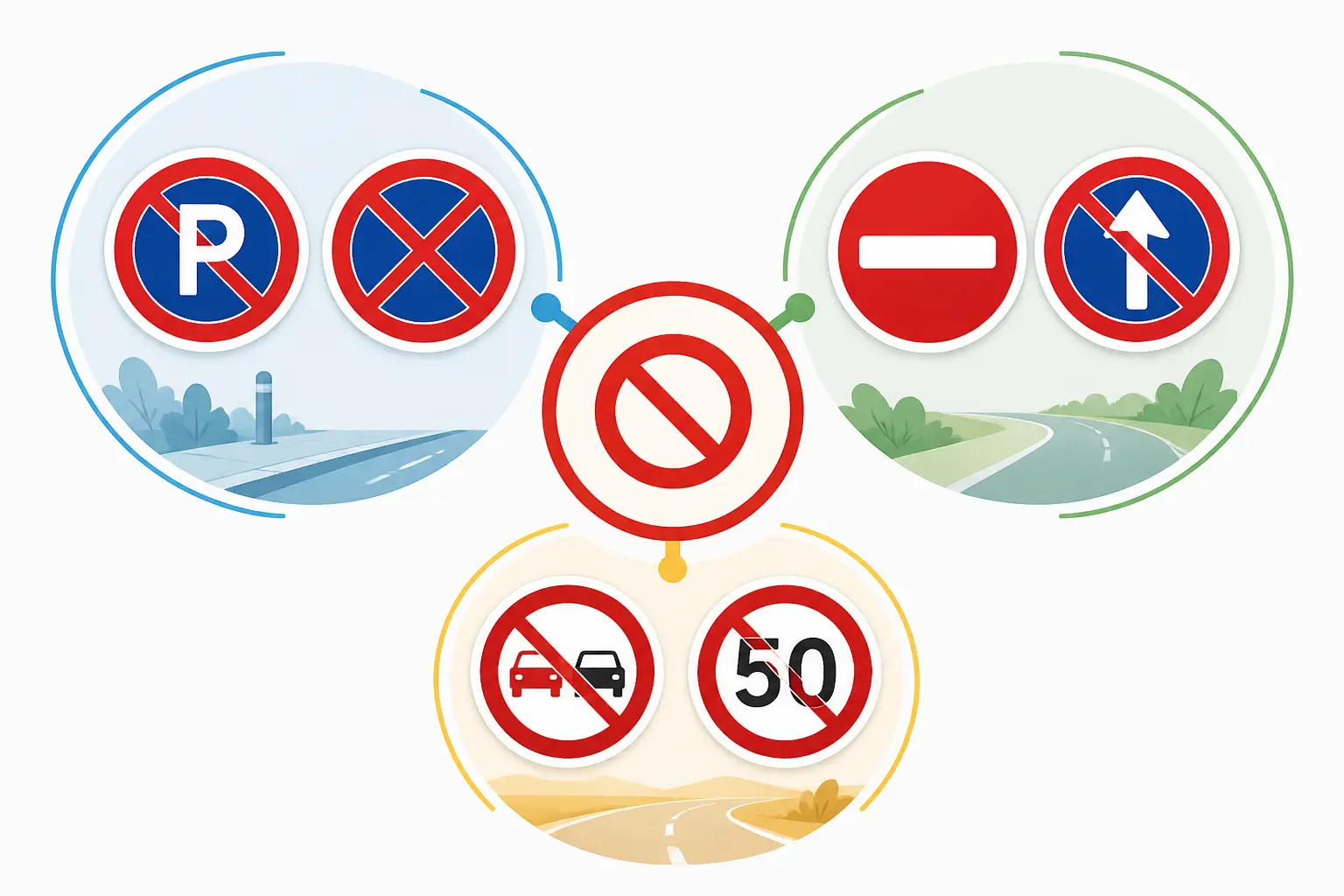 Panneau interdiction : trois familles de signaux routiers, stationnement, accès et vitesse, en illustration claire