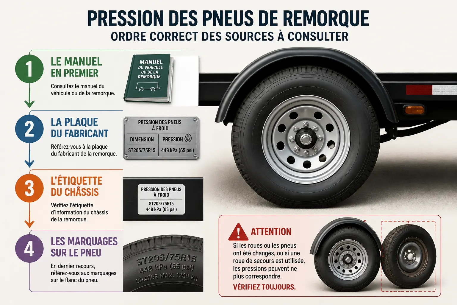 Pression pneu remorque : ordre des sources à vérifier, manuel, plaque constructeur, étiquette châssis, flanc du pneu.