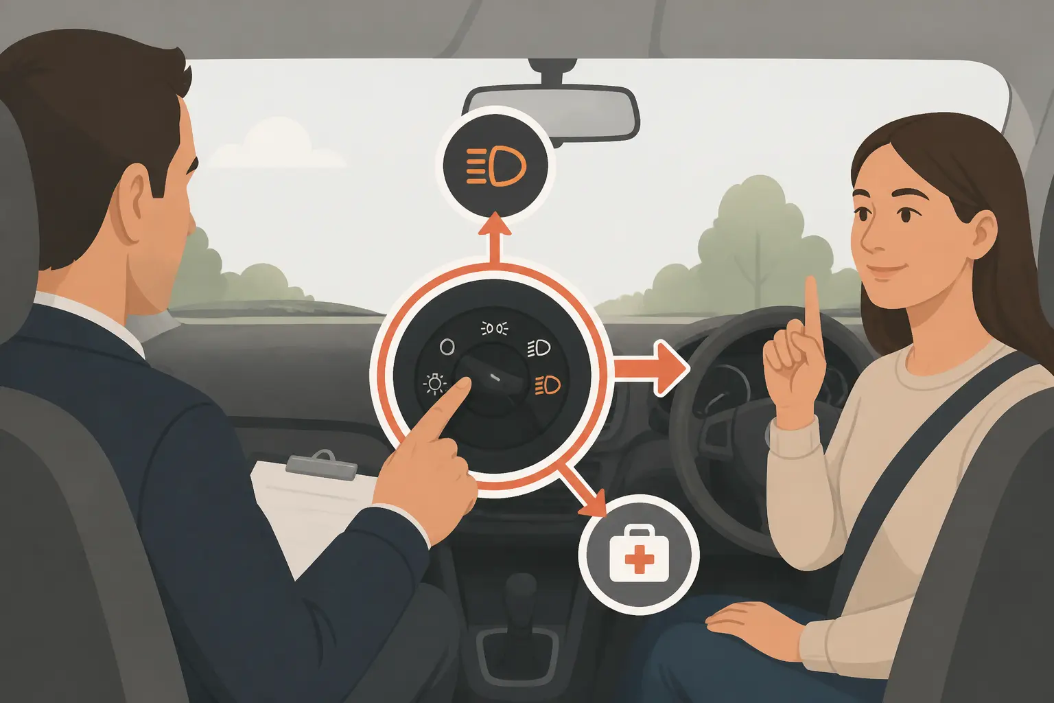 Examinateur choisissant une question verification permis depuis les commandes, avec élève répondant calmement