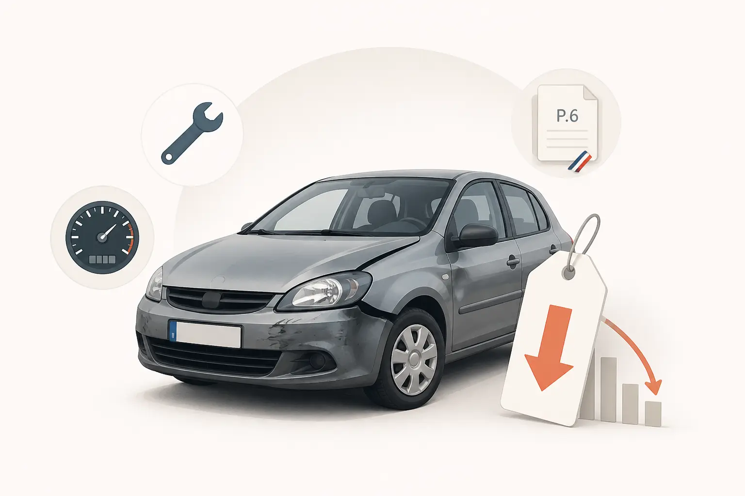 Rachat voiture en panne : voiture compacte abîmée, prix réduit, icônes mécanique, kilométrage et document.