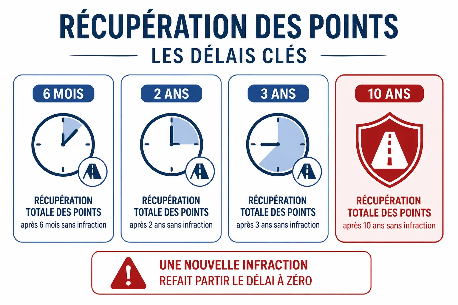 Infographie sur la recuperation des points sur permis : délais de 6 mois, 2 ans, 3 ans et 10 ans.