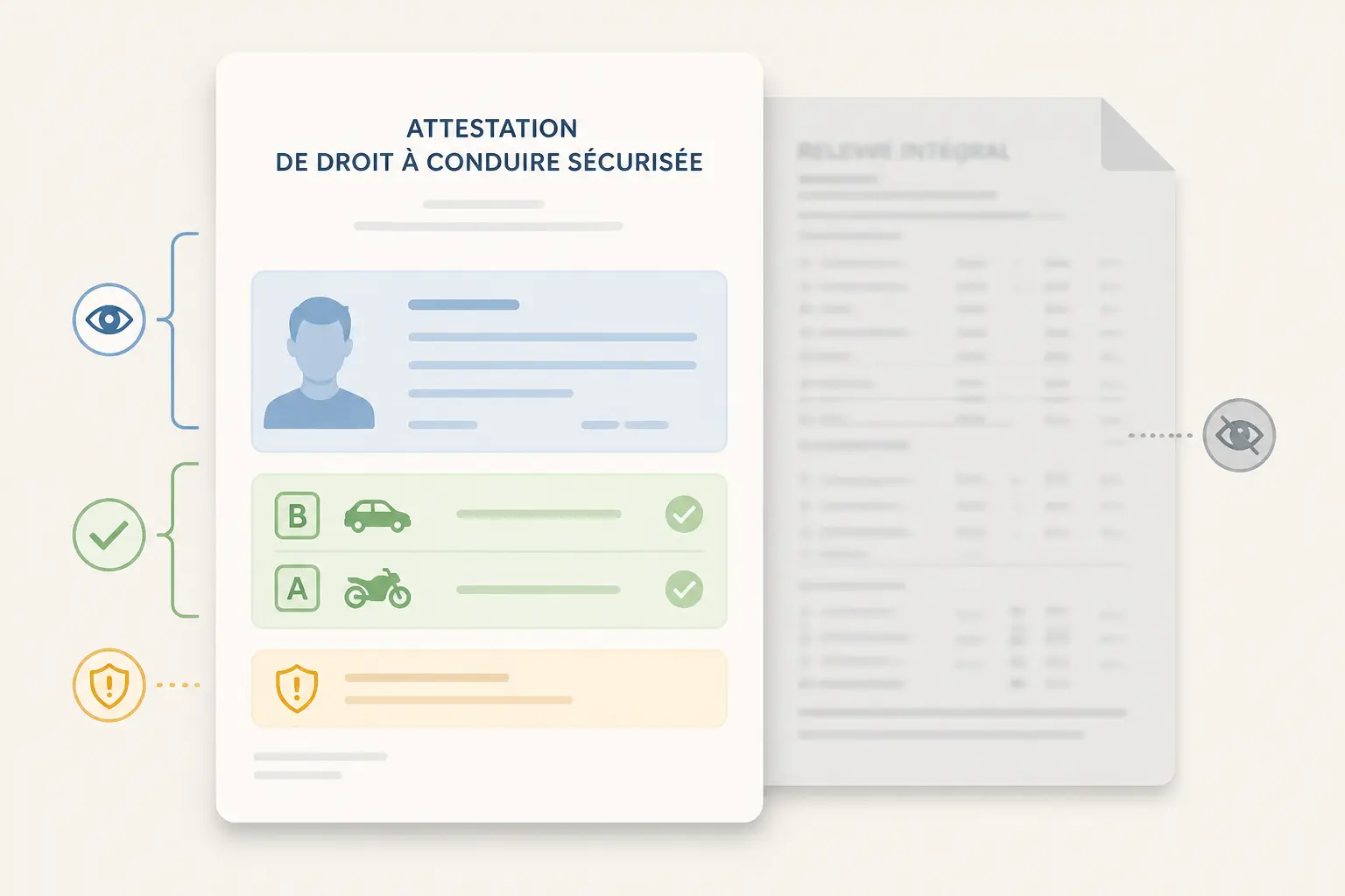 Relevé d'information restreint : attestation de conduite avec identité, catégories B et A, et document masqué en arrière-plan.