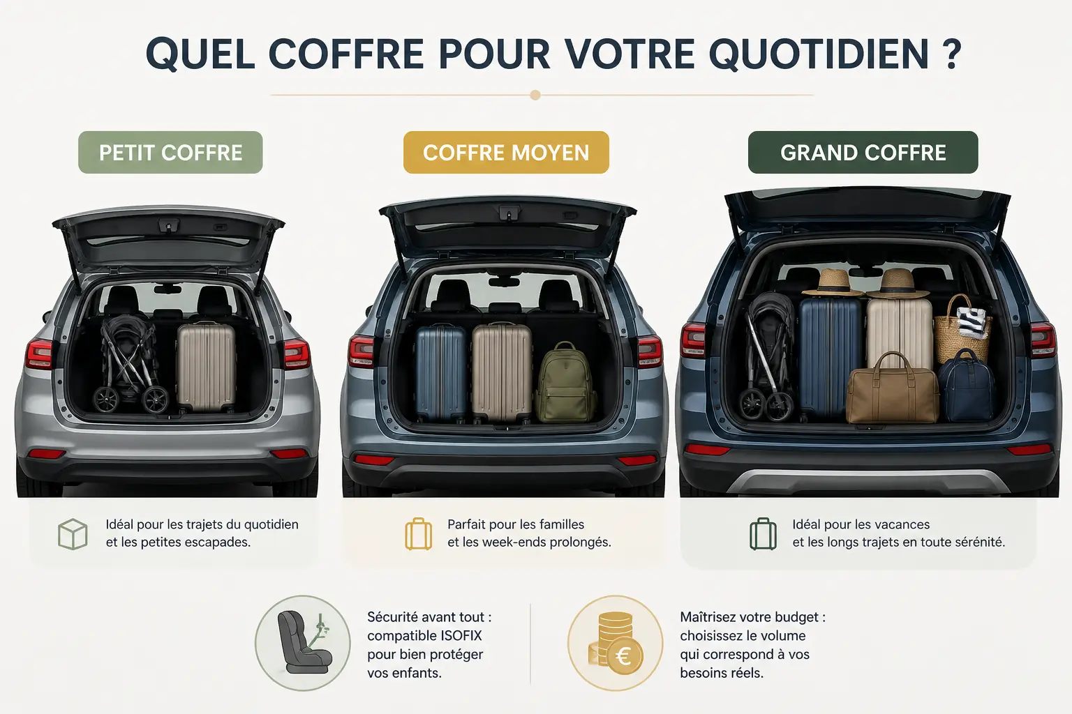 Voiture familiale : comparaison de coffres avec bagages, siège enfant ISOFIX et coût d’usage.