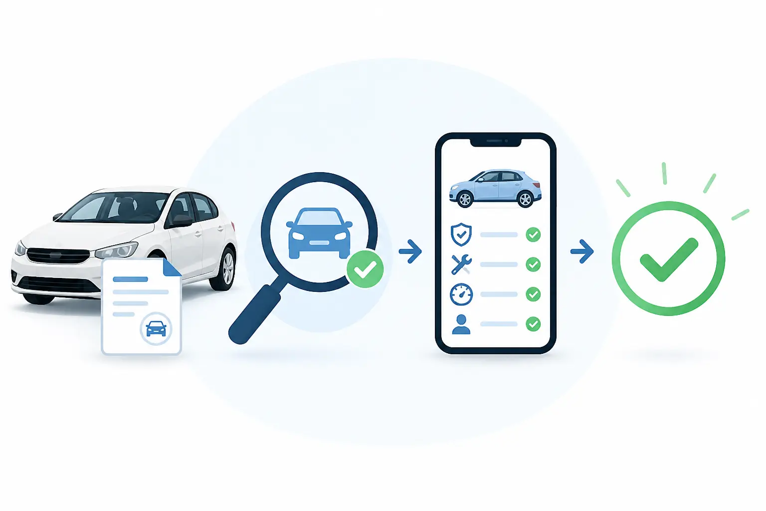 Vérification d’une voiture gagée avant achat avec certificat, loupe, historique et coche verte libre