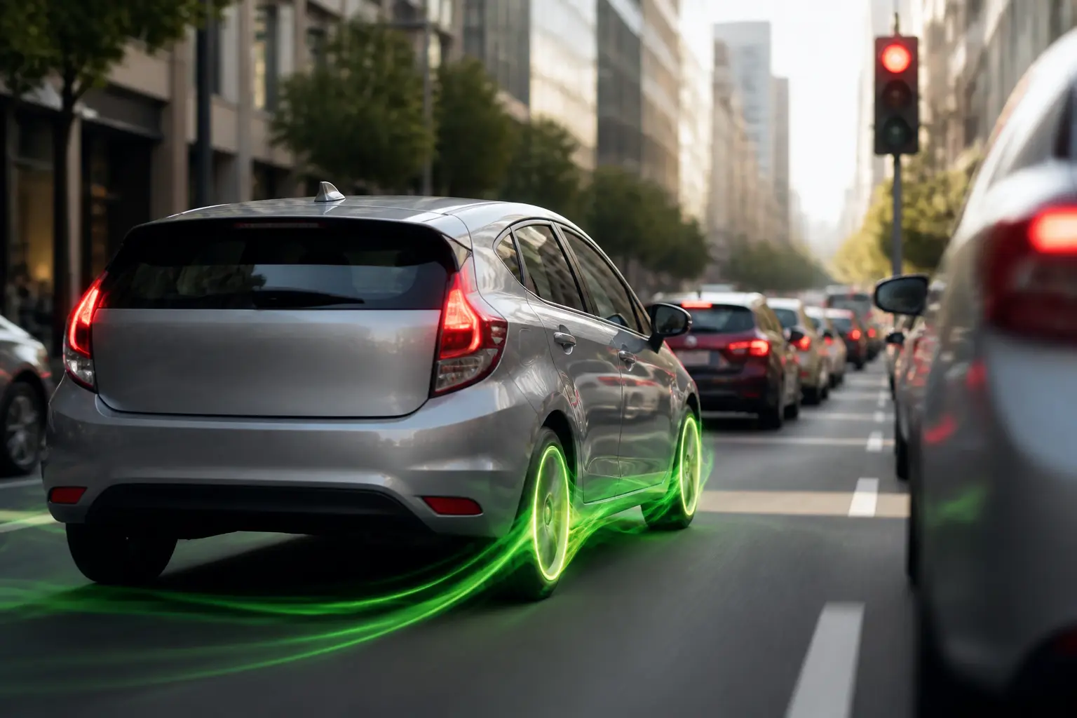 Voiture hybride non rechargeable en ville, roulage lent et freinage en trafic dense, usage urbain efficace.