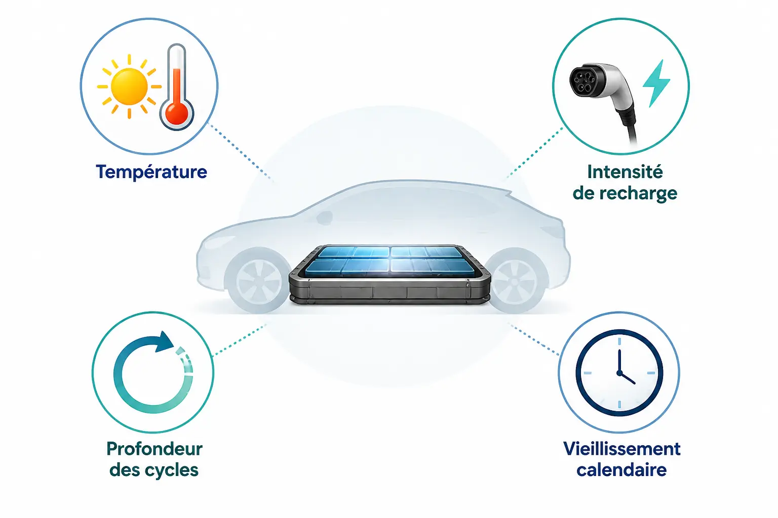 Batterie voiture electrique dans une voiture, avec chaleur, recharge rapide, usure des cycles et horloge.
