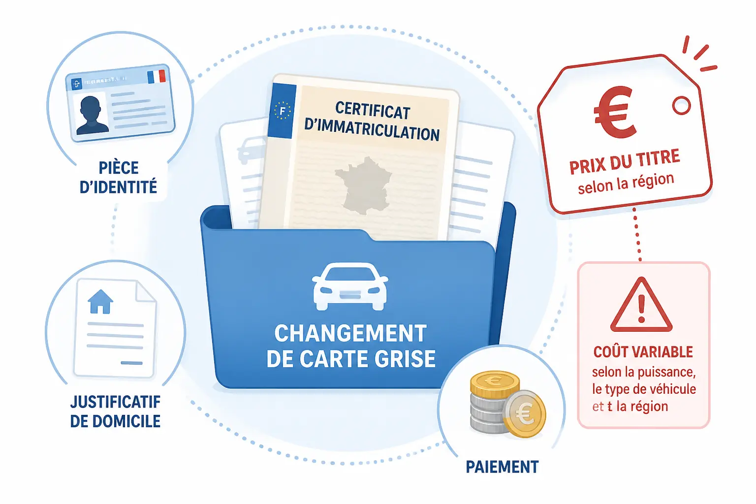 Changer de titulaire carte grise : dossier, pièce d’identité, justificatif d’adresse et coût variable