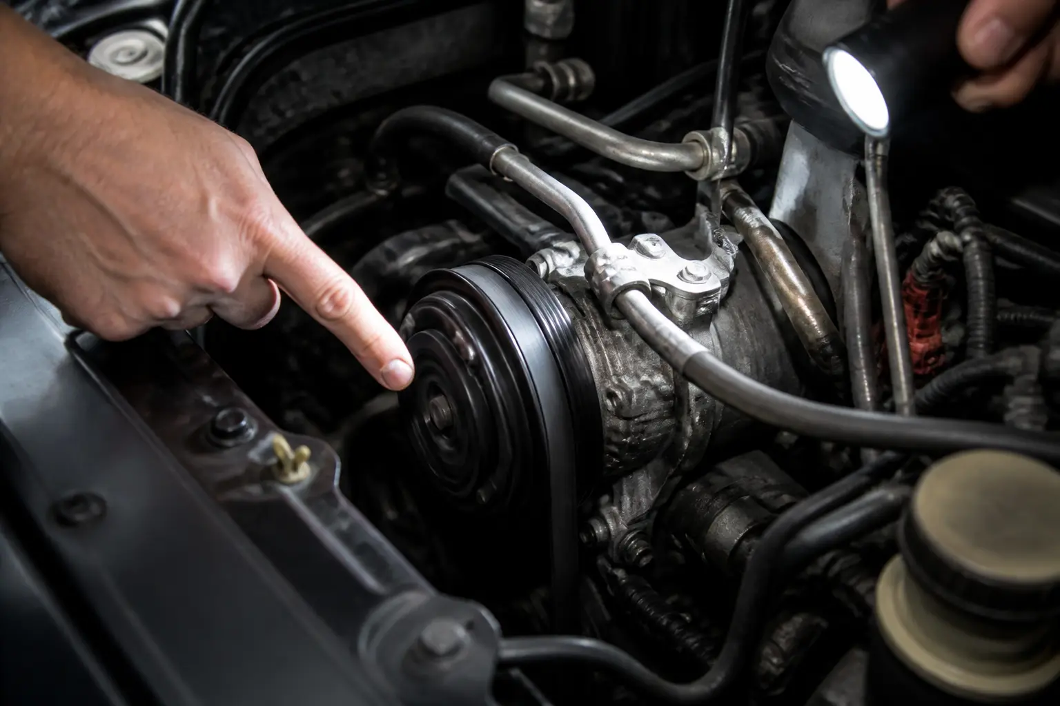 Compresseur de clim visible dans un compartiment moteur, main pointant la poulie pour un test sans atelier.