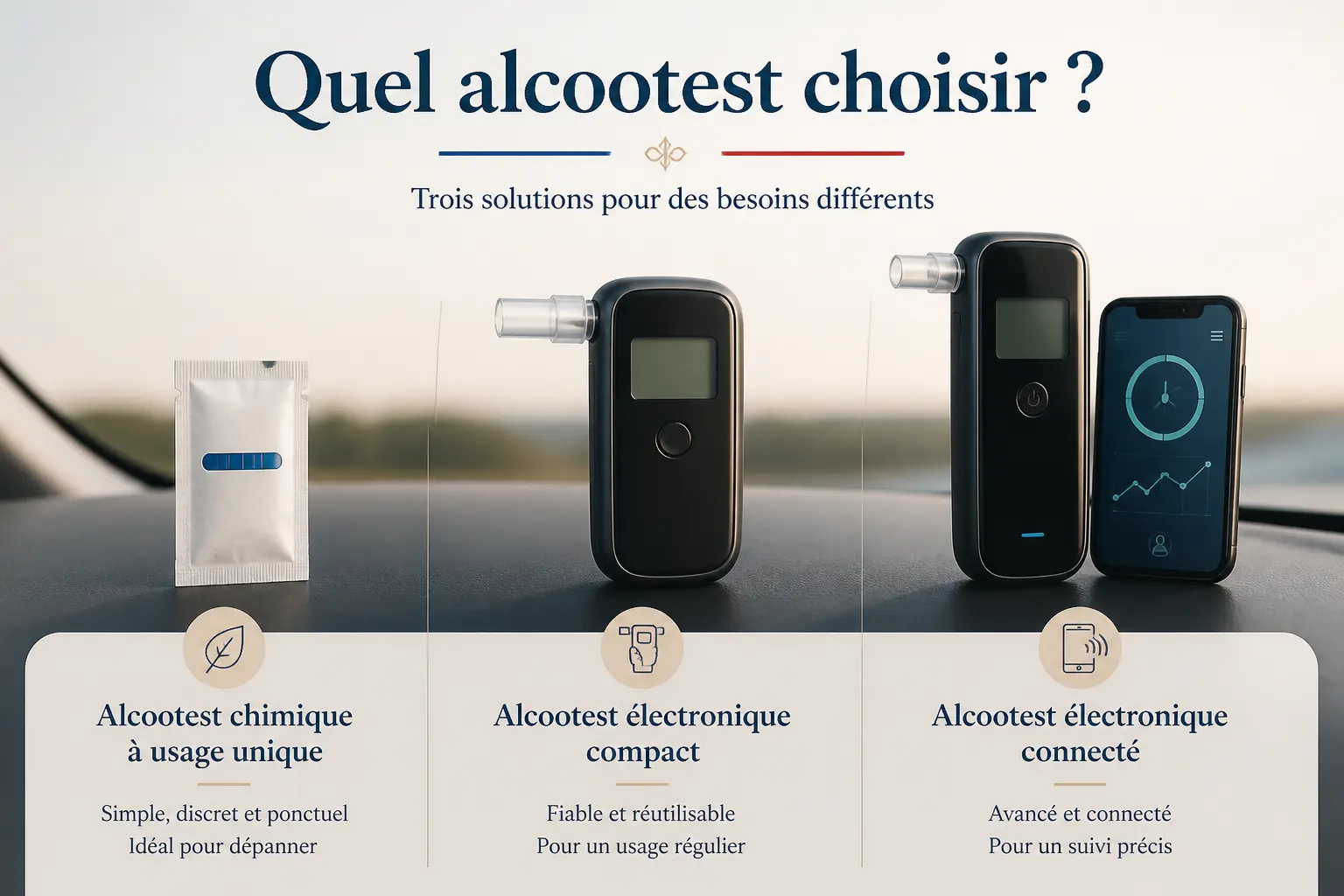 Comparatif d'ethylotest electronique et jetable sur tableau de bord, du plus simple au connecté