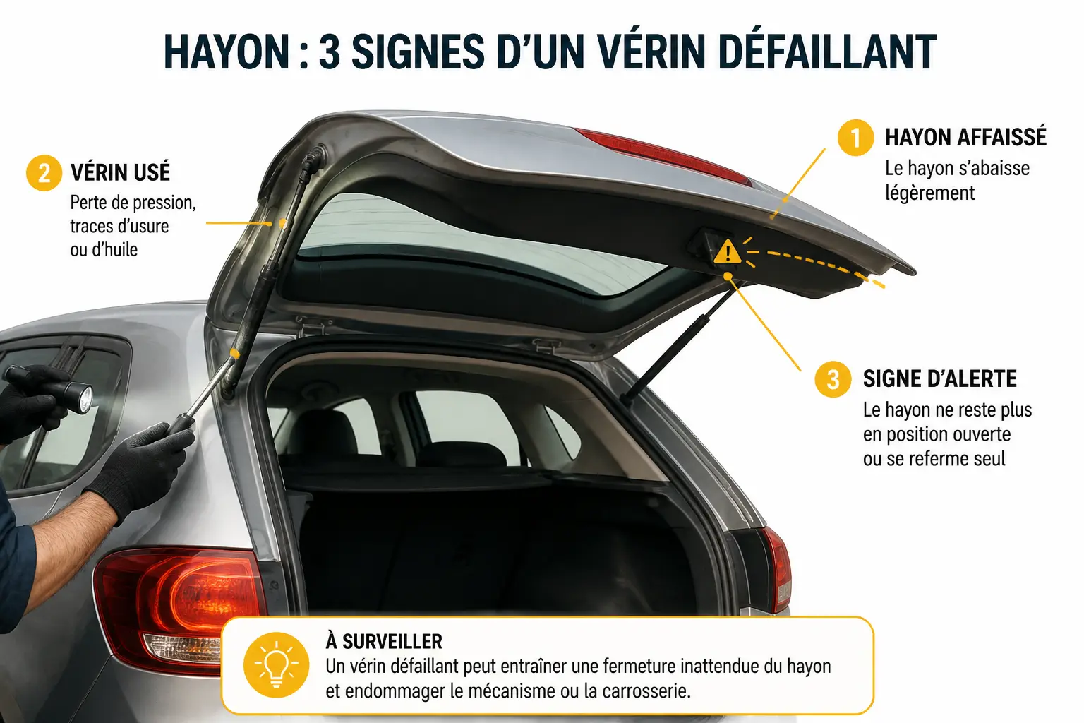 Hayon voiture partiellement ouvert, vérification d’un vérin usé, porte affaissée et alerte près du loquet.
