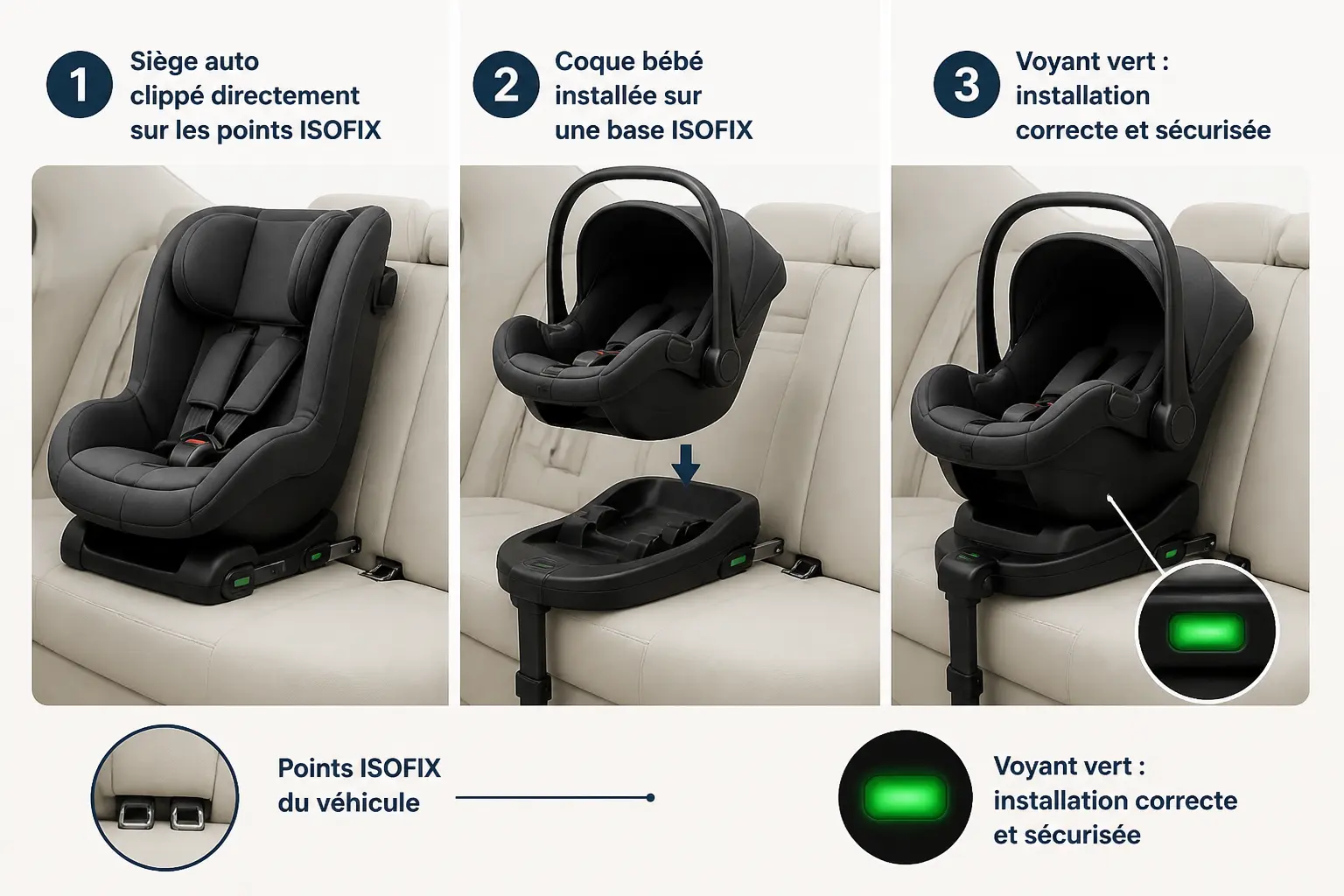 ISOFIX : siège auto clipsé, base séparée avec coque bébé et voyant vert de verrouillage