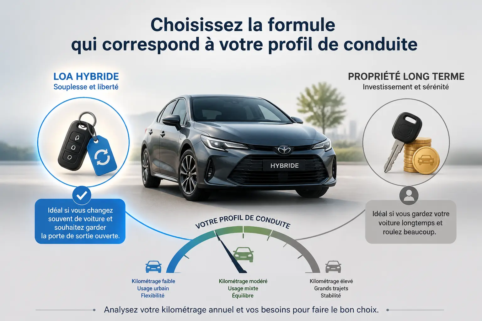Loa hybride au centre, avec clés de location flexible, clé d’achat et repère kilométrique pour choisir selon l’usage.