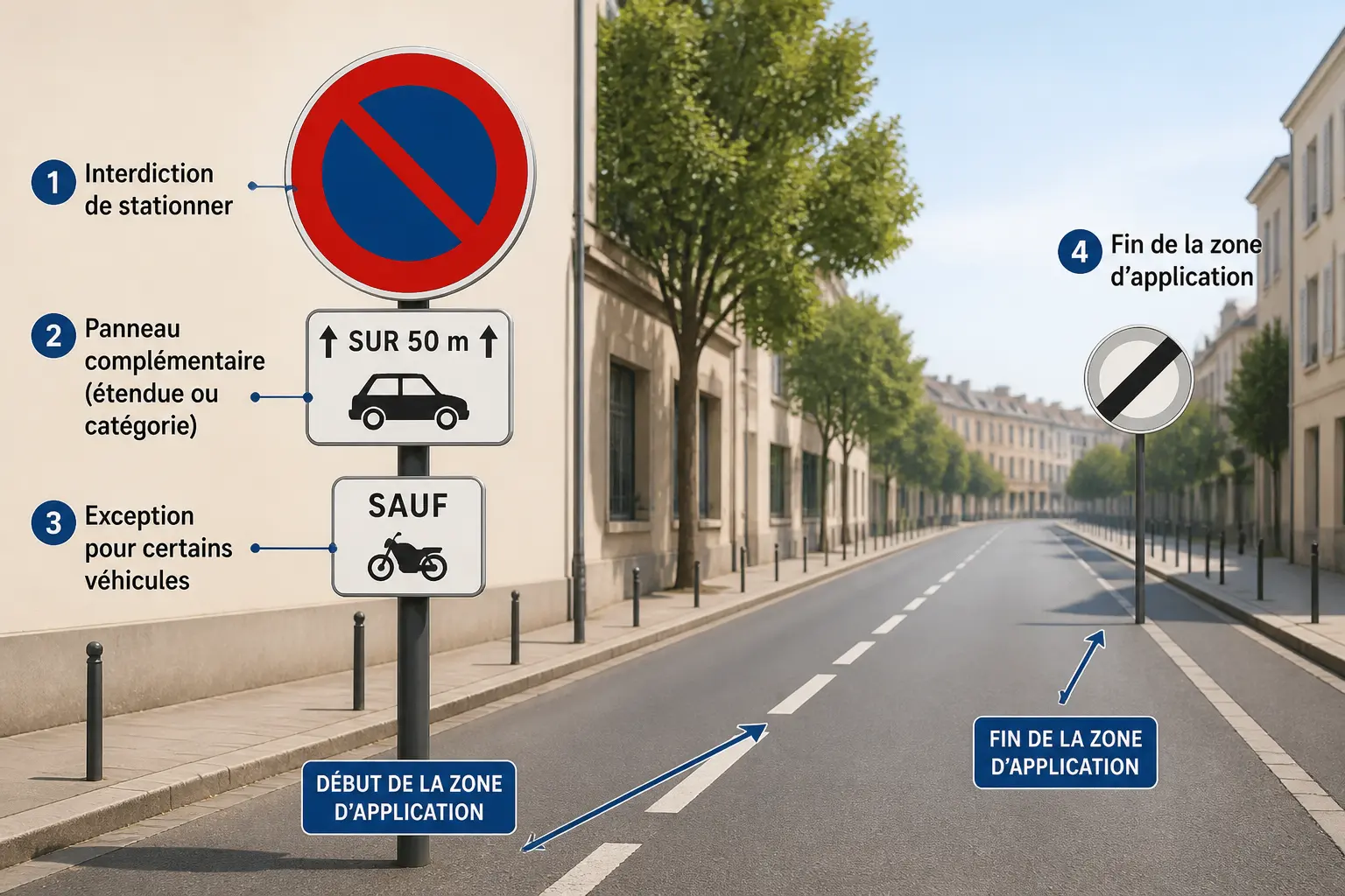 Panneau interdiction avec panonceau, exception et panneau de fin, montrant la zone d’application.