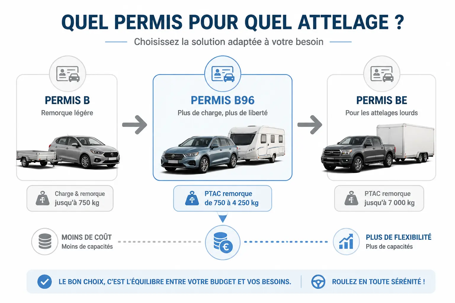 Infographie du permis B96 comparant permis B, B96 et BE selon remorque, poids et budget.