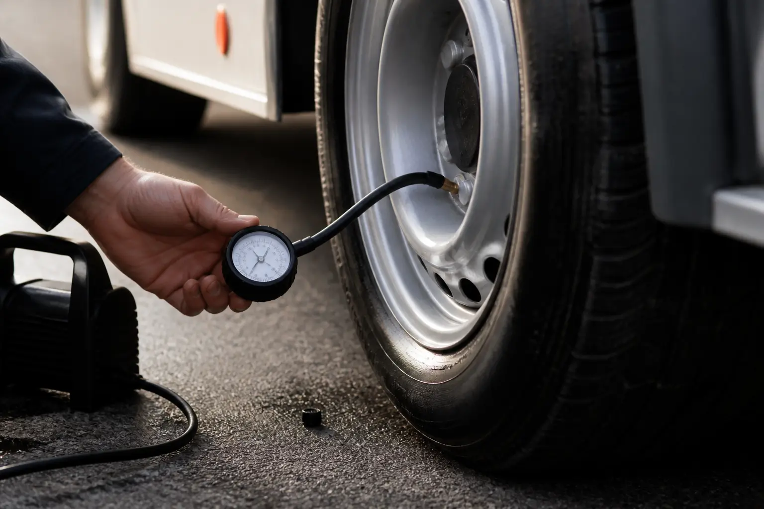 Vérification de la pression pneu remorque à froid avec manomètre et gonfleur sur une roue de remorque.