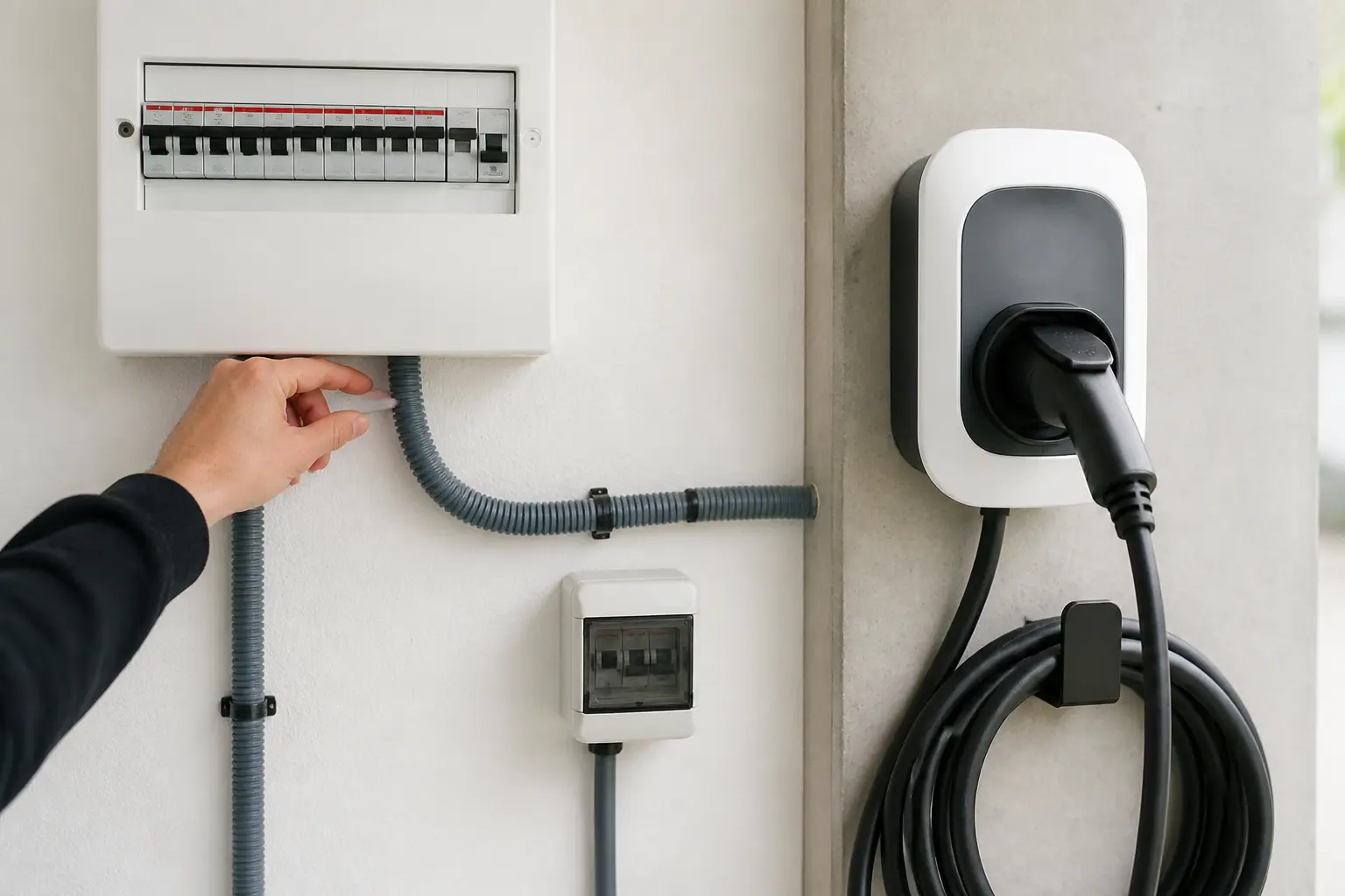 Prise renforcée voiture électrique reliée à un circuit dédié, panneau électrique et câble vérifiés par un électricien.