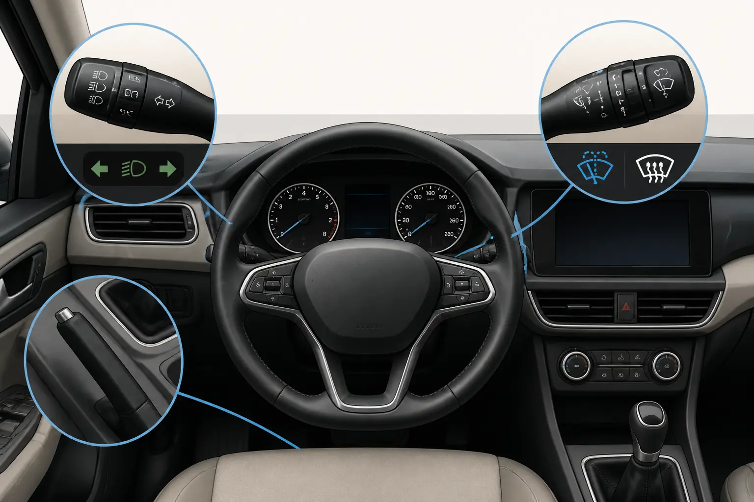Question verification permis : tableau de bord de voiture avec volant, commandes de frein à main, lave-glace et voyants.