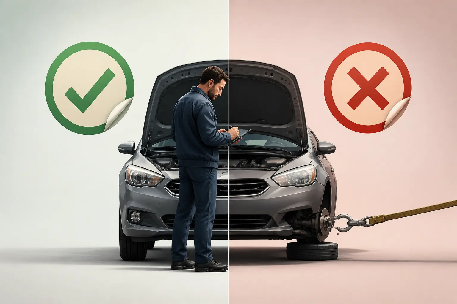 Rachat voiture en panne par un professionnel, avec contrôle technique valide et sticker expiré barré.