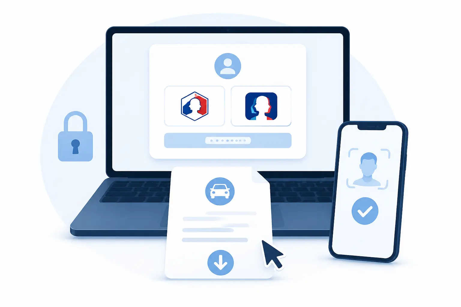 Téléchargement en ligne d’un relevé d'information restreint via FranceConnect, avec accès sécurisé et document obtenu.