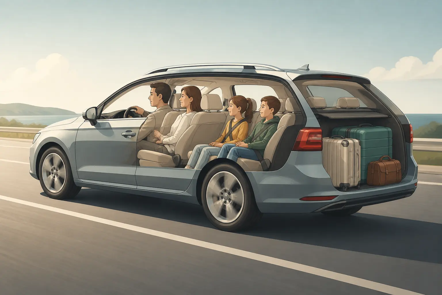 Voiture break familiale sur autoroute, deux adultes, deux enfants et bagages dans un grand coffre