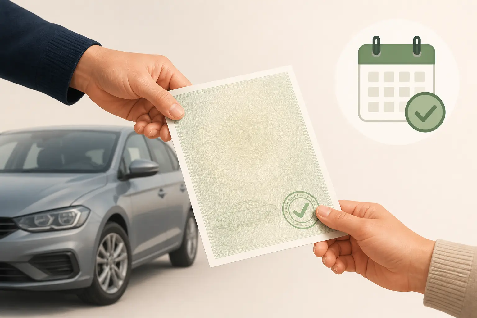 Voiture gagée : remise d’un certificat de non-gage à un acheteur près d’une voiture d’occasion